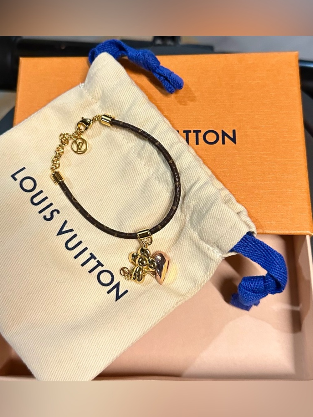 LOUIS VUITTON Gold Charm Bracelet on Dark Brown Monogram Cord
